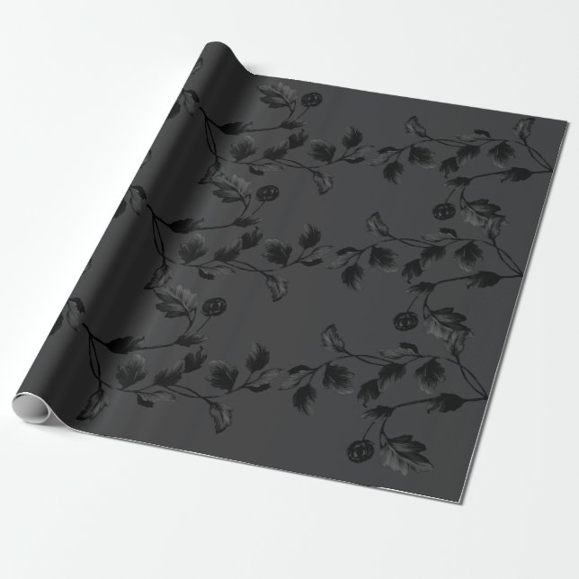 Black Leaf Floral Vine Pattern On Charcoal Grey Wrapping Paper (Unrolled)