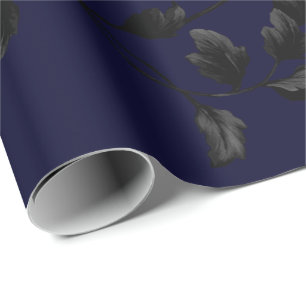 Black Leaf Floral Vine Pattern On Navy Blue Wrapping Paper