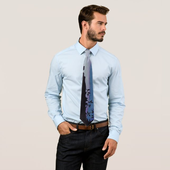 black leaf with pastel blue lilac abstract tie (In Situ)