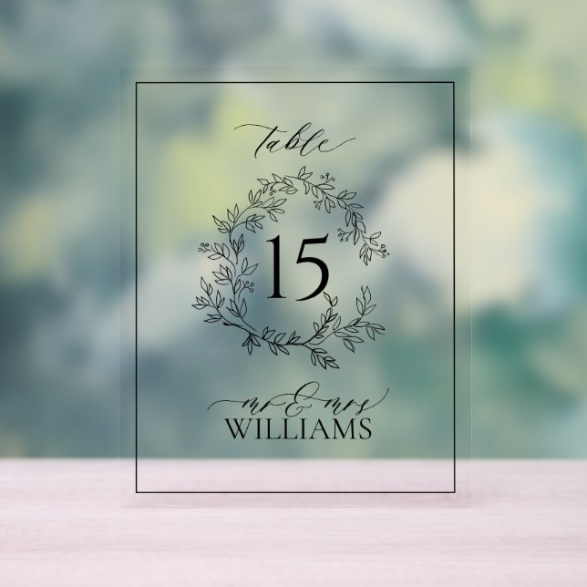 Black Leafy Crest Monogram Wedding Table Number Acrylic Sign (Neutral)