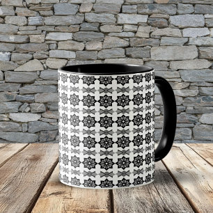 Black Leafy floral Octagon and Diagonal pattern Mug