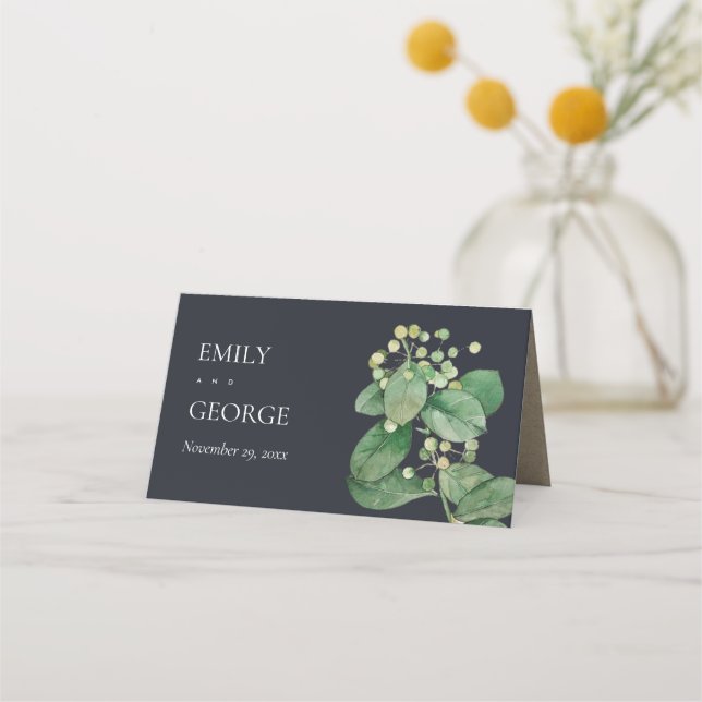 BLACK LEAFY FOLIAGE GREENERY WATERCOLOR FLORAL PLACE CARD (Back)