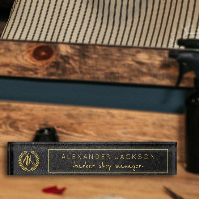 Black Leather and Gold Logo Barber Shop Manger Nameplate (Creator Uploaded)