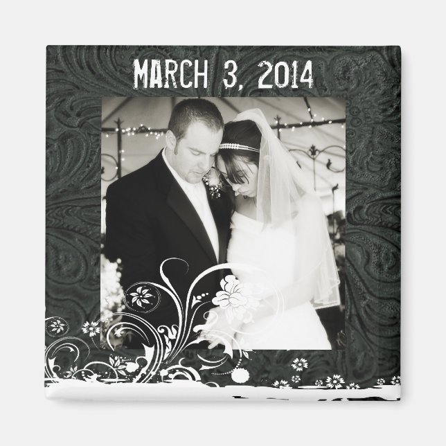 Black Leather and Lace Photo Save the Date Magnet (Front)