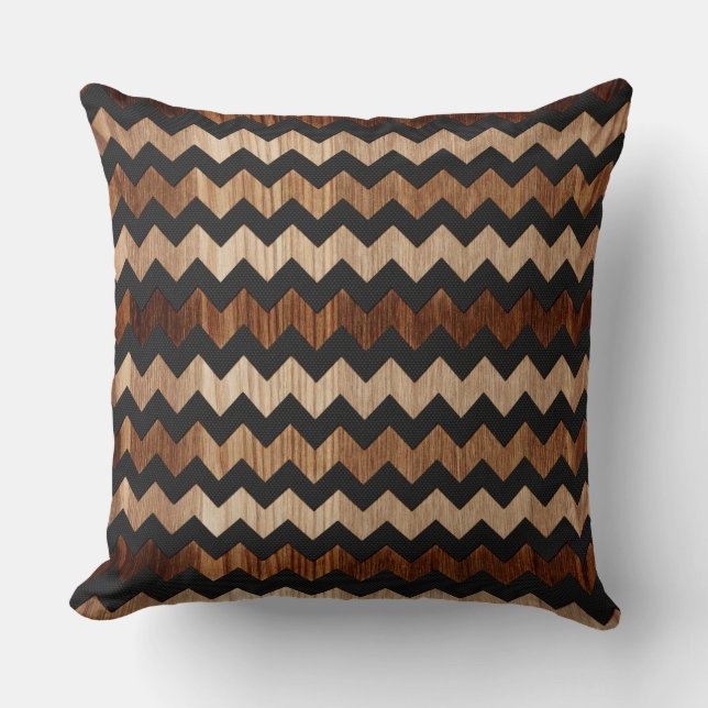 Black Leather and Wood Zig Zag Pattern Cushion (Front)