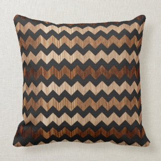 Black Leather and Wood Zig Zag Pattern Cushion