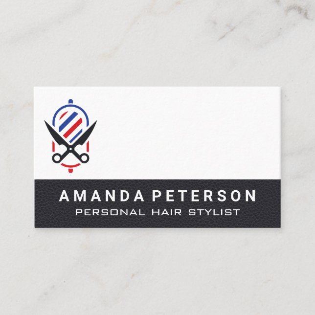 Black Leather | Barber Pole Scissors Logo Business Card (Front)