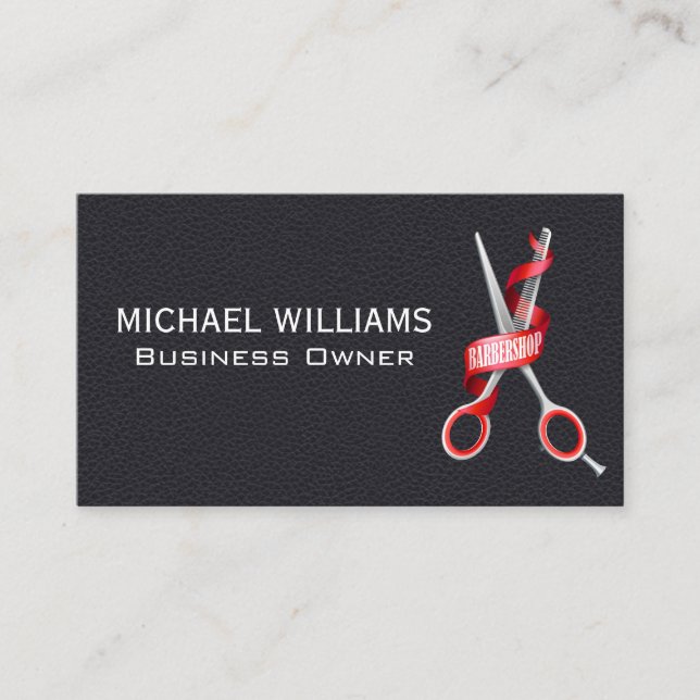 Black Leather | Barber Shop Scissors Business Card (Front)