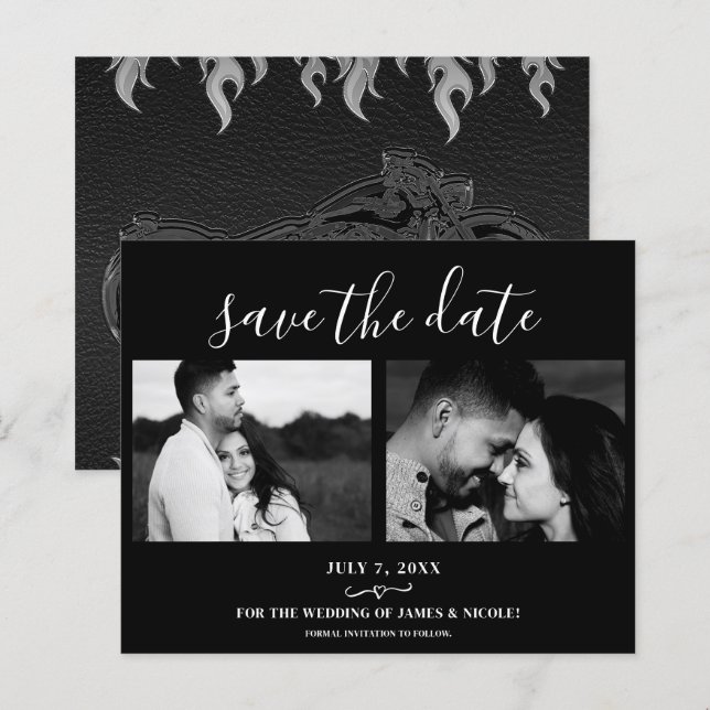 Black Leather Bike Wedding 2 Photo Save the Date (Front/Back)