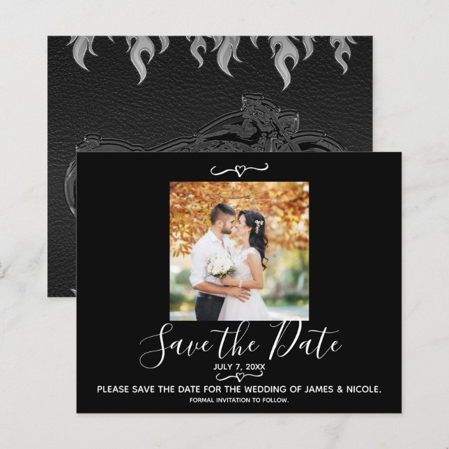 Black Leather Bike Wedding Photo Save the Date (Front/Back)