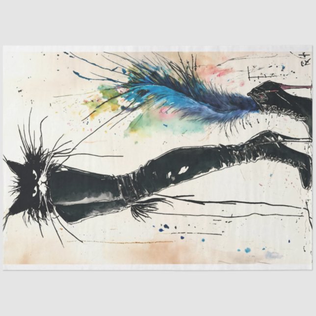 Black Leather Boot Cat Fashionable Decoupage  Tissue Paper (Front)