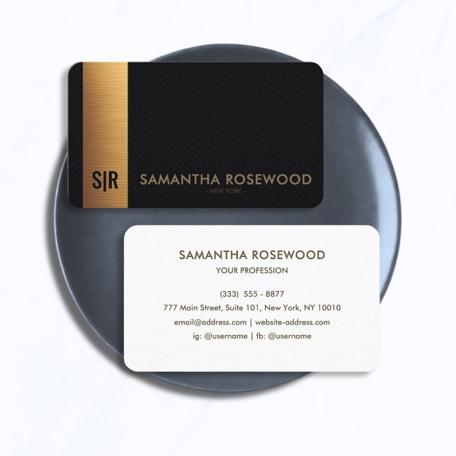 Black Leather & Brushed Gold Panel Monogram  Business Card (Creator Uploaded)