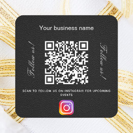Black leather business name qr code instagram square sticker