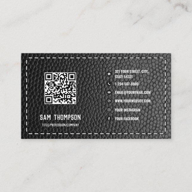 Black Leather Business QR Code Social Media Icons Card (Front)