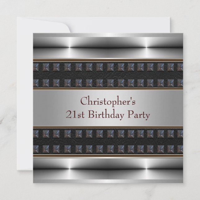 Black Leather Chrome Mans 21st Birthday Party Invitation (Front)