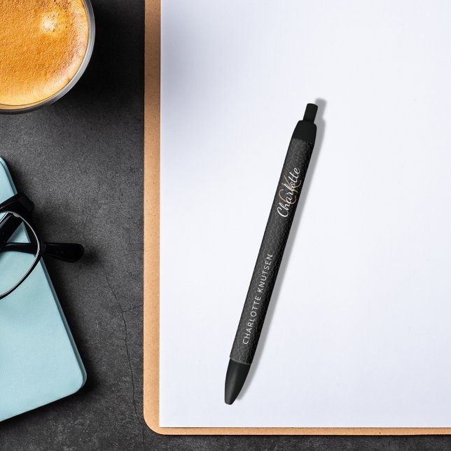 Black leather custom monogram name script black ink pen (Creator Uploaded)