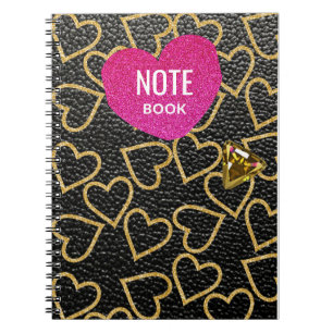 black leather fake style with gold hearts, notebook