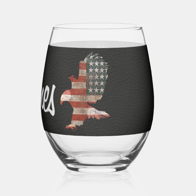 Black Leather Flag Eagle and Name Stemless Wine Glass (Back)
