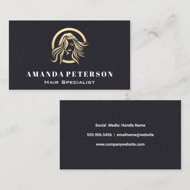 Black Leather | Flowing Hair Logo Business Card (Front/Back)