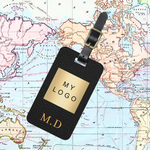 Black leather gold business company logo monogram luggage tag