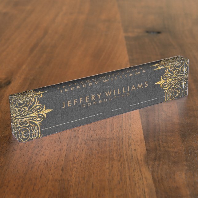 Black Leather Gold Foil Lace Frame Nameplate (Side)