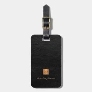 Black leather gold monogram elegant luggage tag