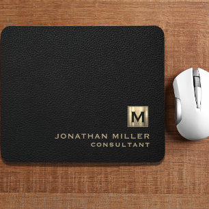 Black Leather Gold Monogram Mouse Mat