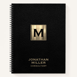 Black Leather Gold Monogram Notebook
