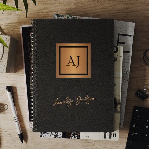 Black leather gold monogram script name elegant notebook