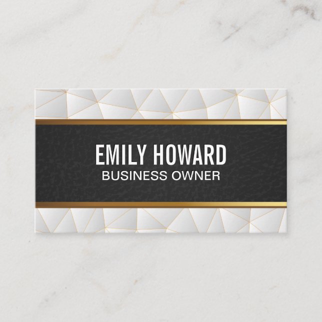 Black Leather Gold | White Geometric Triangles Business Card (Front)