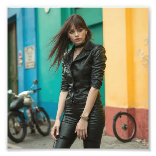 Black Leather Goth Babe Against Colorful Street Photo Print