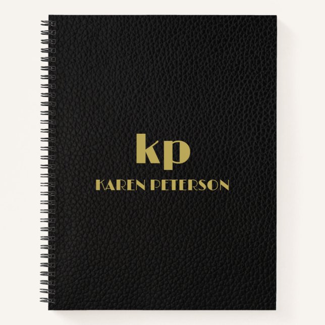 Black Leather Image Custom Gold Typography Notebook (Front)