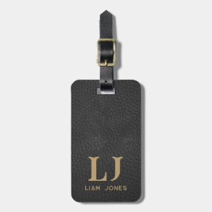 Black Leather Initials Monogram Modern Vintage Luggage Tag