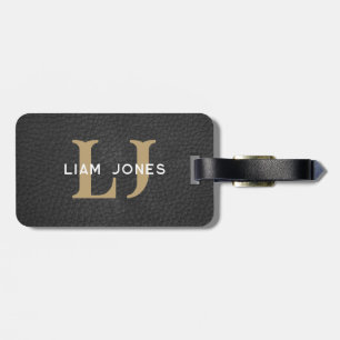 Black Leather Initials Monogrammed Modern Vintage Luggage Tag