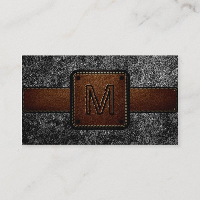 Black Leather Look Brown Monogram Business Card (Front)
