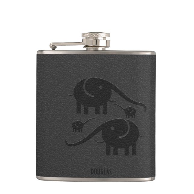 Black Leather Look Elephant Illustration Hip Flask (Front)