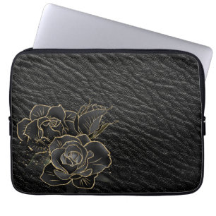BLACK LEATHER LOOK PATTERN WITH BLACK GOLD ROSES LAPTOP SLEEVE