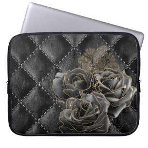 BLACK LEATHER LOOK PATTERN WITH BLACK GOLD ROSES LAPTOP SLEEVE