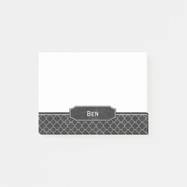 Black Leather Look White Quatrefoil Monogram Post-it Notes (Front)