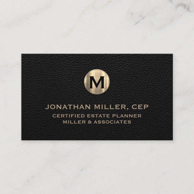 Black Leather Luxury Gold Initial Logo Business Card (Front)