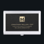 Black Leather Luxury Gold Initial Logo Business Card Holder<br><div class="desc">Simple modern luxury design with brushed metallic gold initial logo medallion with personalised name,  title,  company name or custom text below in classic block typography on a black leather textured background. Personalise for your custom use.</div>