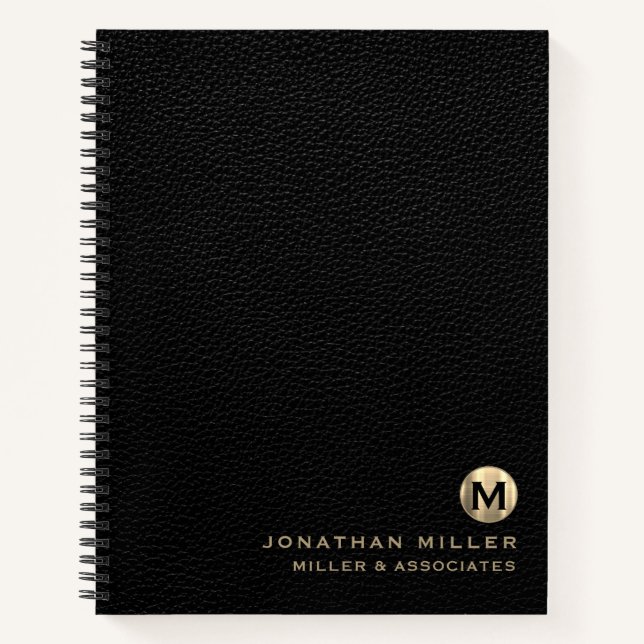 Black Leather Luxury Gold Initial Logo Notebook (Front)