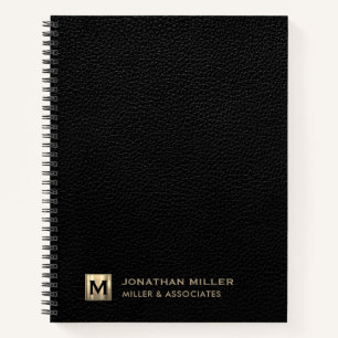 Black Leather Luxury Gold Initial Logo Notebook
