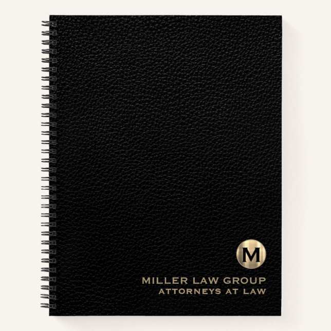 Black Leather Luxury Gold Initial Logo Spiral Notebook (Front)