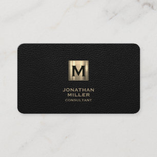 Black Leather Luxury Gold Monogram Business Card