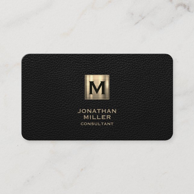 Black Leather Luxury Gold Monogram Business Card (Front)
