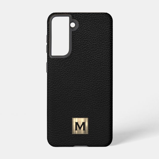 Black Leather Luxury Gold Monogram Samsung Galaxy S21 Case (Back)