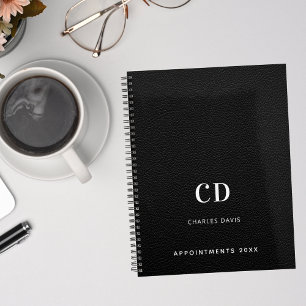 Black leather monogram initials 2025 planner