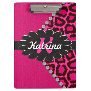 Black Leather Monogram on Pink Cheetah Clipboard