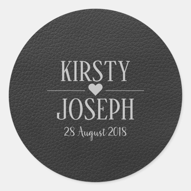 Black Leather Monogram Silver Wedding Sticker (Front)